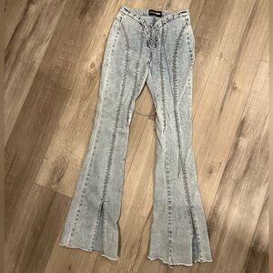Fashion Nova Stylish Flared Gray Jeans with Lace-Up Detail